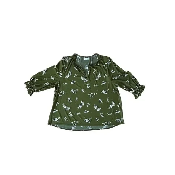 Melloday Women's 3XL Green Floral Balloon Sleeve Blouse - Picture 6 of 6
